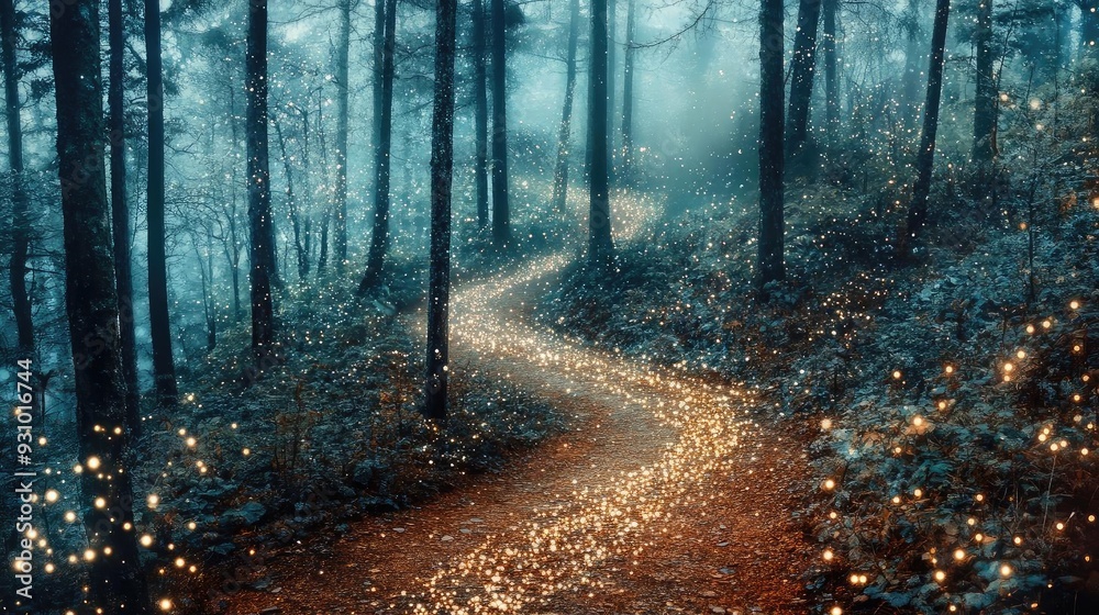 Poster a mystical forest path illuminated by enchanting lights, leading deeper into the serene and tranquil