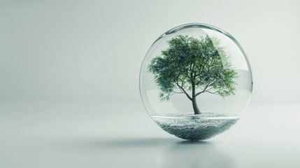 A Tree trapped in a glass ball. Glass ball with a simple white background