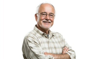 Fototapeta premium Half body shot of an elderly male presenter with a friendly smile, dressed in a casual shirt, standing in front of a solid white background