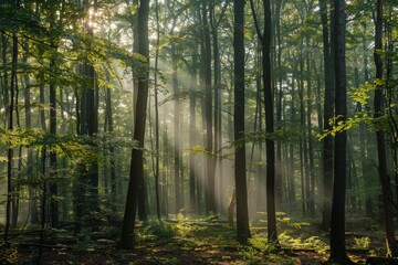 Obraz premium Sunlight Filtering Through Dense Forest Canopy