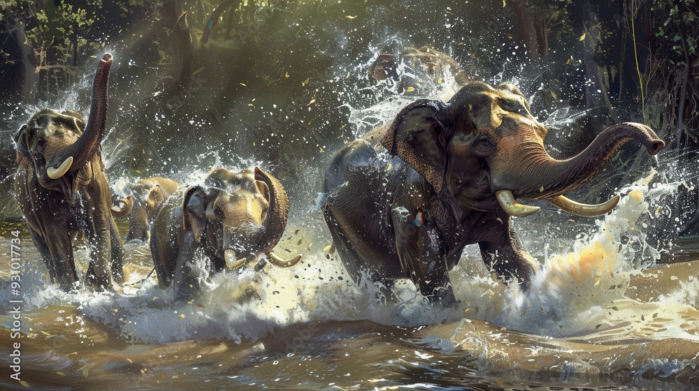 Poster elephants are joyfully splashing in the river, enjoying a playful afternoon amidst the vibrant green