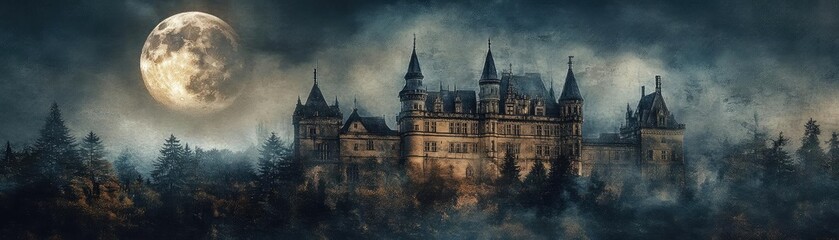 A hauntingly beautiful castle under a full moon, surrounded by mist, perfect for evoking mystery and enchantment.