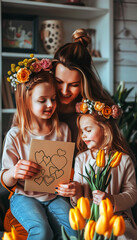 Mother and daughters with flowers and handmade card