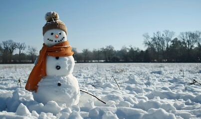 Obraz premium Panoramic view of happy snowman in winter secenery with copy space. 