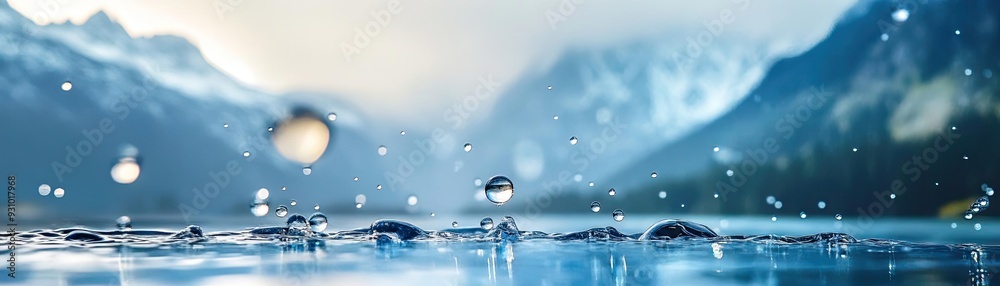 Aufkleber a serene mountain landscape reflecting in crystal-clear water with gentle raindrops creating ripples