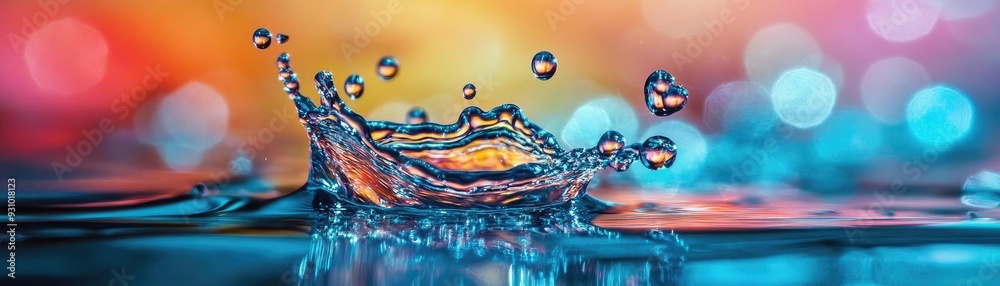 Poster a vibrant splash of water creating stunning ripples, set against a colorful blurred background that 