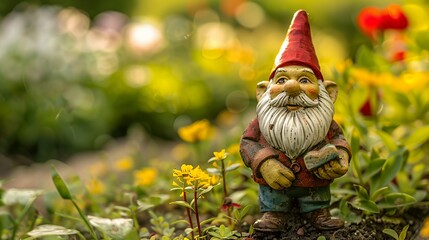 Obraz premium A cheerful garden gnome with a red hat and white beard stands in a flowerbed with yellow and red flowers.