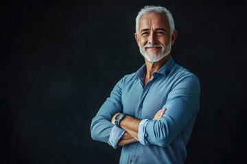 A strong senior male presenter with a healthy, fit build, standing proudly with his arms crossed against a solid background