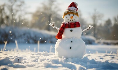 Obraz premium Panoramic view of happy snowman in winter secenery with copy space. 