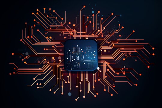 A close-up view of a modern microchip with intricate circuit patterns glowing in vibrant colors, symbolizing technology and innovation.