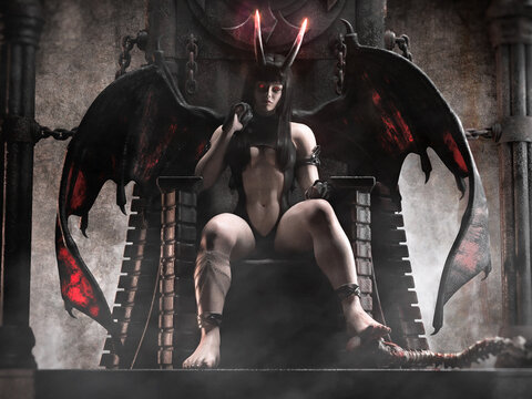 3D rendering of a stunningly beautiful demonic queen with large wings and horns sitting on her throne with a skull under her foot