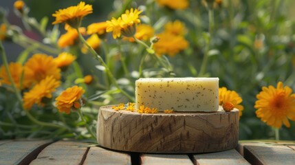 Organic calendula soap on wooden base with natural oils for skincare scrub