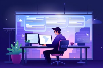 A digital workspace featuring a person working at a desk with multiple screens, plants, and vibrant cityscape in the background.