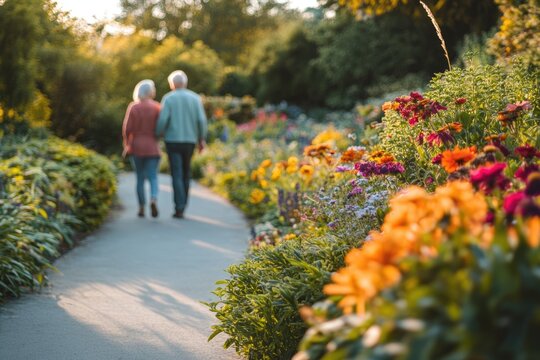 High-resolution brightly lit photorealistic candid photograph of a happiness senior couple walking along a path in a botanical garden, surrounded by colorful flowers and greenery. The photograph is