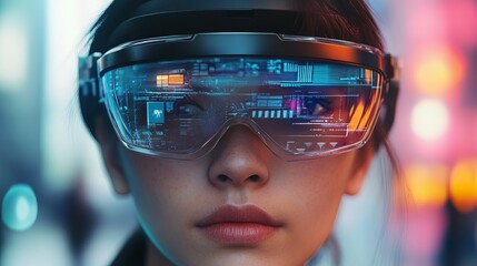 A conceptual image of a person wearing augmented reality AR glasses, with digital overlays enhancing their view of the world, highlighting the blending of virtual and real environment