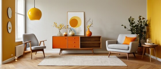 Cozy and stylish mid-century modern living room featuring vintage furniture, vibrant yellow accents, and unique decorative elements, creating a warm and inviting atmosphere.