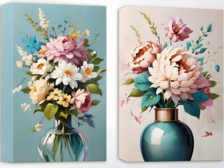 Painting set of flowers in 2 flower vases on the wall