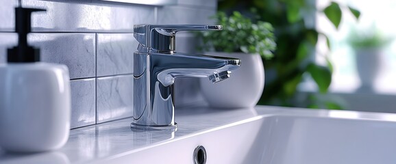 Close-Up Of A Bathroom Faucet, Modern And Sleek