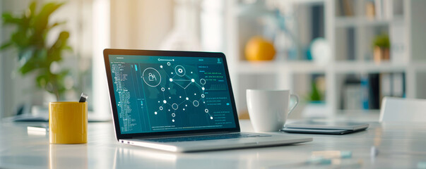 Laptop with code on screen and coffee mug