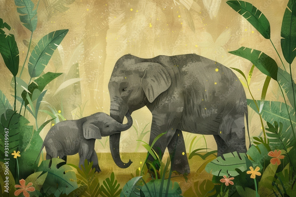Poster a mother elephant gently interacts with her playful calf amid vibrant foliage in a serene jungle set