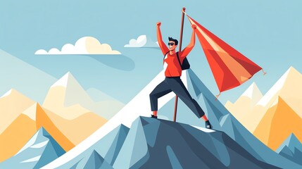 Fototapeta premium A victorious hiker stands on a mountain peak, waving a flag in celebration of achieving a challenging outdoor adventure.