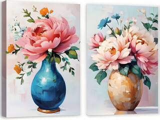 Painting set of flowers in 2 flower vases on the wall