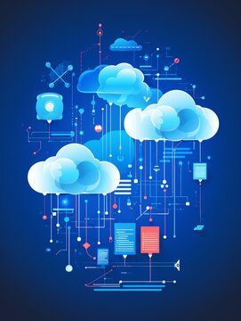 Dynamic cloud computing concept with digital elements and vivid colors illustrating data flow and technology innovation.
