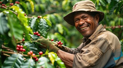 A dynamic angle raw photo of a framer smiling while pruning coffee trees, with green foliage and ripe coffee cherries in the background, illustrating dedication and happiness in agricultural work