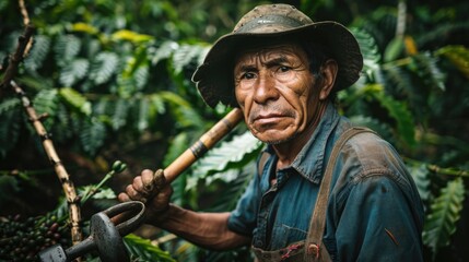 Obraz premium A candid portrait of a framer with coffee harvesting tools, photographed in a raw style from a dynamic angle, showcasing determination and skill in managing coffee crops