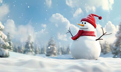 Fototapeta premium Panoramic view of happy snowman in winter secenery with copy space. 