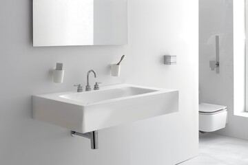 Fototapeta premium Simple and modern white bathroom with a white sink and minimal fixtures, showcasing minimalism.