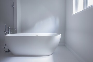 Fototapeta premium Clean and simple white bathroom with a white bathtub and minimal fixtures, showcasing modern design.