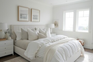 Bright and airy white bedroom featuring a cozy feel and modern furnishings