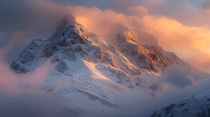 Snowy mountains bathed in golden sunset light with mist clouds below