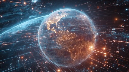 Obraz premium A stylized digital globe surrounded by a network of lines and glowing particles, representing global connectivity and data flow.