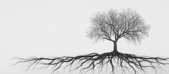 A minimalist black and white image of a tree with visible roots, symbolizing strength and interconnectedness with nature.