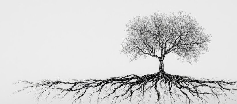 A minimalist black and white image of a tree with visible roots, symbolizing strength and interconnectedness with nature.