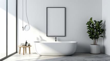 Fototapeta premium Bright and modern bathroom design featuring a freestanding tub and natural elements