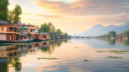 Obraz premium A serene view of the tranquil Dal Lake in Srinagar with houseboats floating. Copy space available