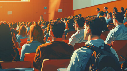 Male and female university students and businessmen engage in lectures, classes, and seminars at academic institutions.