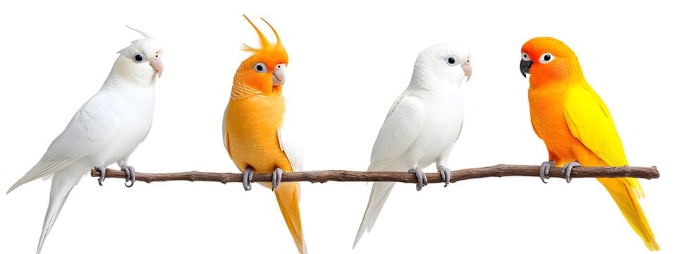 Set of Exotic and Colorful Birds Perched on Branches Against White Background