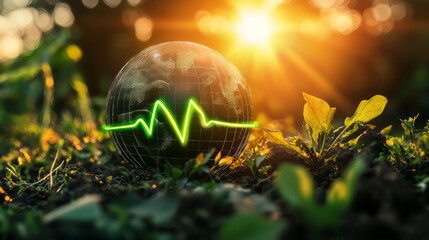 Earth with a green heartbeat pulse, The importance of renewable and sustainability energy in the future of business and economic. Greenhouse gas reduce, Net zero CO2 emissions reduction.
