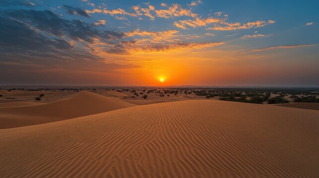 Sunset over the sandy dunes of Thar Desert near Jaisalmer, Rajasthan. Copy space available