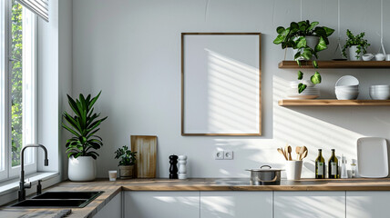 Bright and modern kitchen interior featuring plants and wooden shelves in sunlight