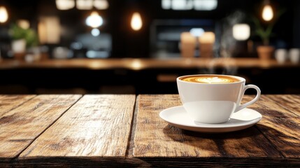 Fototapeta premium Steaming Coffee, Hot latte in a white cup on rustic wooden table, Cozy Café Atmosphere.