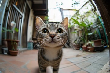 A curious cat looks at the camera, its face exaggerated by the fisheye lens. Cat under wide-angle effect with large eyes and whiskers.