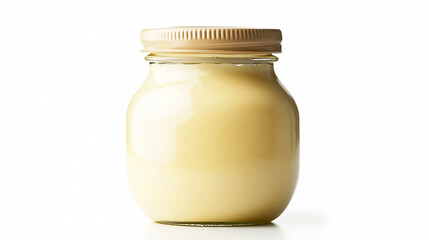 mayonnaise with a label, placed on a white background. The image highlights the sauce’s smooth texture and pale color