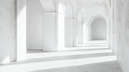Fototapeta premium A long, white hallway with arched doorways and sunlight streaming in.