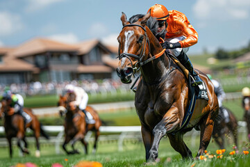 Riders and jockeys on a group of racehorses compete on a racetrack. Great speed in equestrian sports.
