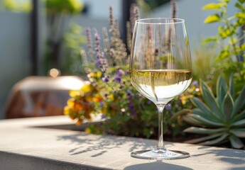 Obraz premium Wine Glass on Patio with Sunlight: A single glass of white wine rests on a patio table, bathed in warm sunlight, surrounded by lush greenery. The scene evokes a sense of tranquility and relaxation, p